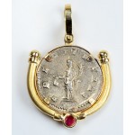 Authentic Roman Silver Coin in 14kt Gold Pendant with Pink Tourmaline circa 249-251 A.D.